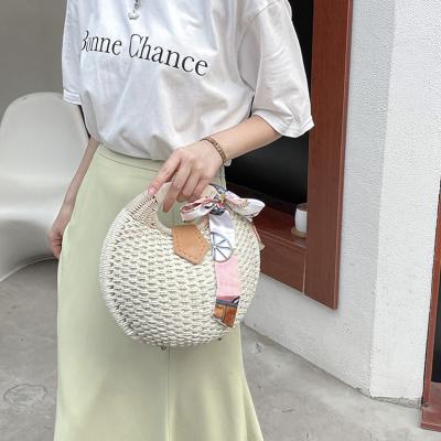 China Wholesale Fashion Small Handle Satchel Straw Handbag Rattan Shell Shape Top Bag With Silk Scarf For Women for sale