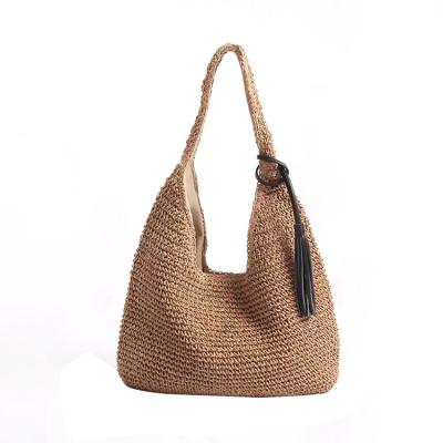 China Fashion Wholesale Handmade - Boho Woven Straw Tote Summer Beach Bag Handbag Large Straw Shoulder Bag with Tassels for sale