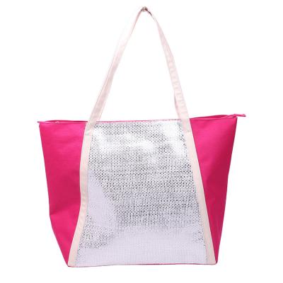 China Custom Reusable Paper Woven Handbag Folding Tote Shopping Bag in Silver 600D Extra Large Peach with Zipper Closure for sale