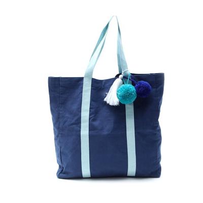 China Custom Logo Reusable Foldable Large Canvas Folding Tote Shopping Bag with Furry Ball and Pom Pom Decoration for sale