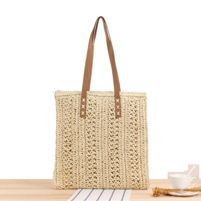 China Others Wholesale Hand Hook Large Capacity Summer Beach Straw Hollow Handbag Shoulder Tote Bag With Double Leather Handles for sale