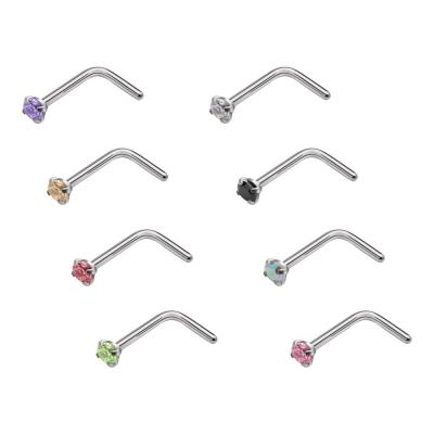 China Cute Stainless Steel Surgical Steel L Shaped Nose Ring Stud 20G CZ Amazon Piercing Jewelry for sale