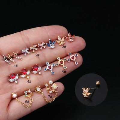 China Cute Fashion Clover Flower Ear Cuff Zircon Bowknot Heart Piercing Brass Gold Plated Stud Earrings For Women for sale