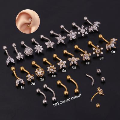 China New Fashion Vintage Curved Cochlear Studs Stainless Steel Zircon Eyebrow Studs Flower Tragus Ear Piercing Jewelry for sale