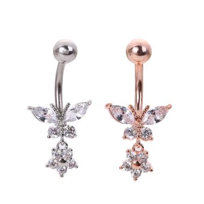 China Amazon Cute Stainless Steel Rhinestone Butterfly Navel Ring Navel Crystal Body Nail Piercing Jewelry for sale