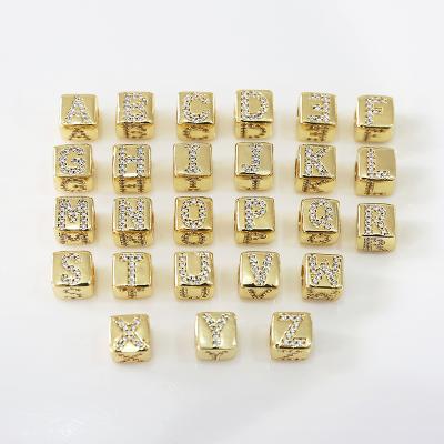 China Popular 8mm Square Letter Beads Alphabet Brass Cube Beads Big Hole Gold Plated Beads For Necklace Jewelry Making for sale