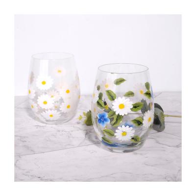 China Flower wholesale printed water glass cups with flower bee pattern glass tea cup wine glass hand painted colorful caster cups for sale