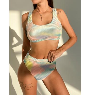 China 2021 Breathable Popular Tie Dye Print Textured Fabric Waist Thong Bikini Set Swimsuit Top for sale