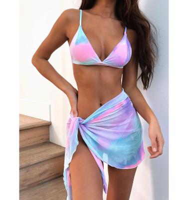 China New Arrival 2021 Breathable 3 Piece Bikini With Skirt Sets Women's Mesh Tie Dye Print Cover Up Swimwear And Beachwear Dress Ladies Beachwear for sale