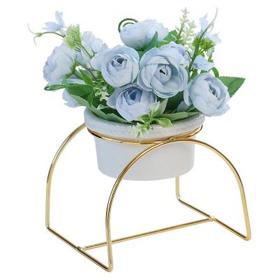 China European Bohemian Fake Flowers Artificial Roses in Ceramic Pot with Gold Meta Stand Wedding Decoration for sale