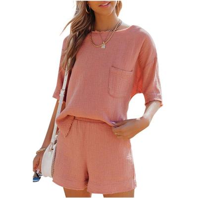 China 2021 Summer Women's Clothes QUICK DRY Solid Color Fashionable Casual Pocket Pleated Cotton Canvas Two Piece Suit for sale