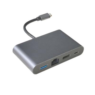 China Data Transfer+Video Output+Charging Usb3.0 4 in 1 Cost Effective Multifunctional Hub to Type-C Usb-A+Hd+Rj45+Pd Ethernet Adapter Hub for sale