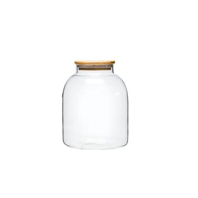 China Sustainable Wholesale Large Round Storage Tub With Airtight Lid Wooden Borosilicate Glass Storage Jar for sale