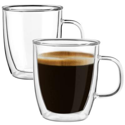 China Sustainable High Borosilicate Heat Resistant Double Wall Glass Mug With Handle For Tea Espresso Coffee for sale