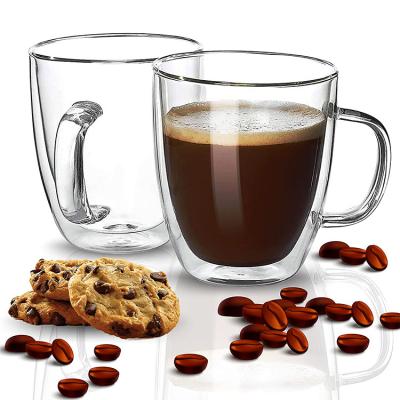 China Sustainable Hand Blown Double-Layer Handmade Exquisite Transparent Coffee Juice Cup With Handle Design for sale