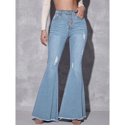 China Breathable #Mingyang# High Waist Ripped Raw Rocket Jeans Wide Edge Pants for sale