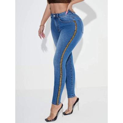 China #Mingyang# High Waisted Contrast Breathable Sequin Band Skinny Jeans for sale