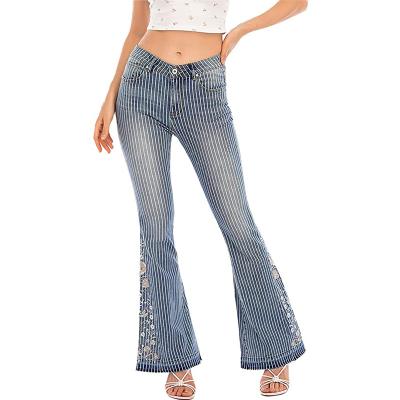 China #Mingyang# Breathable Bell Bottom Jeans For Women Flared Jean Wide Leg Denim Pants Floral Embroidered for sale