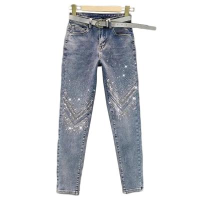 China #Mingyang# Rhinestone Breathable Skinny Women Jeans Elastic Waist High Nine Points Pants for sale