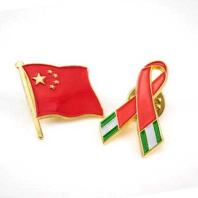 China Red Color Custom Ribbon Country China School Logo Enamel Badge Lapel Pins Badges Soft Metal Gold Flag Pin for sale