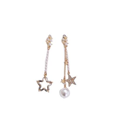 China Fashion TRENDY Shine Tassel Pearl 925 Long Silver Pin Asymmetrical Number Five and Star Earings for sale