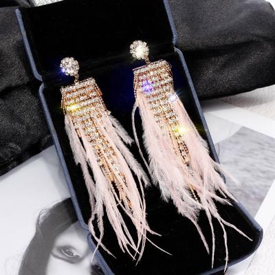 China 925S Long Pink Leather Ostrich Feather Crystal Rhinestone Tassel Long Drop Chain 925S Earrings For Women Statement for sale