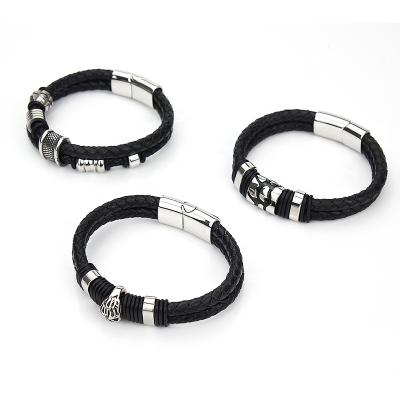 China Men's CLASSIC High Quality Cool Black Braid Stainless Steel Genuine Leather Bracelet Men for sale