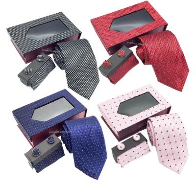 China Hot-Wholesale 100%Polyester Fashion Dot Polyester Necktie Cufflink Handkerchief Men's Set Gift Box for sale