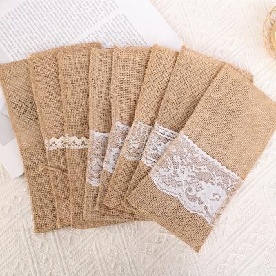 China UNDETERMINED Natural Lace Hemp Jute Cloth Tableware Bag Serving Spoon Carry Cutlery Pouch Bag Flatware Knife Forks Sets for sale