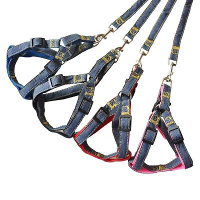 China Durable Breathable Chest Denim Fabric Dog Collar Harness Leash Set for sale