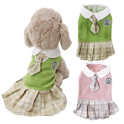 China Modern JK Dog Dress Cat Apparel Puppies Cute Clothes Pet Ribbon Plaid Dress for sale