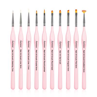 China Beauty Care Make Tools Hot Sale New Design Custom Box10pcs Wooden Handle Thin Liner Synthetic Nail Art Brush Hair Set for sale