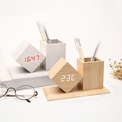 China Organize Custom Logo Wooden Pen Holder With Digital LED Wooden Alarm Table Clock for sale