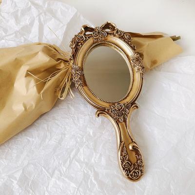 China Functional Wood Glass Vintage Handheld Makeup Mirrors Portable Retro Mirror for Girls for sale