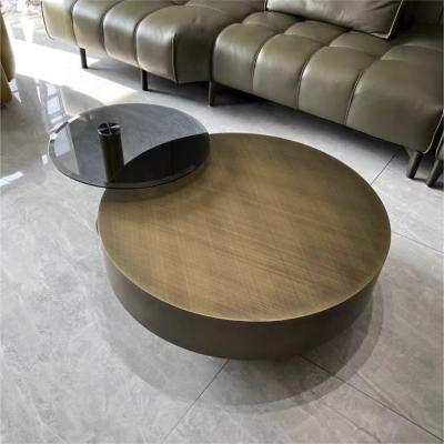 China Tempered Glass Gold Metal Round Coffee Table Contemporary Drum Shape for sale