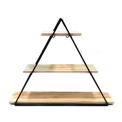 China Home Decor Eco-friendly Iron Frame Morden 3 Tiers Triangle Wall Wood Shelf for sale