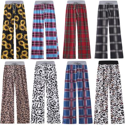 China W-C-842A Women Breathable Plaid Printing Wide Leg Lounge Pants Comfortable Casual Drawstring Pajamas Pants for sale