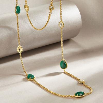 China FASHION Trendy 18K Gold Plated Necklace 925 Sterling Silver Cz Zircon Gemstone Charm Natural Malachite Long Necklaces For Women for sale