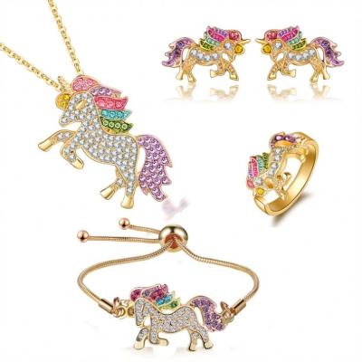 China Luxury Zircon CZ Unicorn Necklace Set Jewelry 5Pcs/Set Kids Zircon Necklaces Rings Bracelet Sets Environmental Friendly Hot Sales for sale