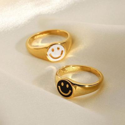 China Wholesale TRENDY Women's 18K Gold Plated Cute Happy Smile Smiley Face Ring For Girl Narcissism Enamel Stainless Steel Jewelry for sale