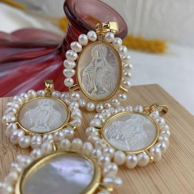 China Religious Natural Shell Jewelry Freshwater Pearl Religious Virgin Mary Medal Pendants BROOM Charms For Making Necklace for sale