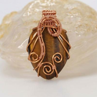 China Handmade BOHEMIA Copper Wire Wrapped Natural Tiger Eye Stone Necklace Pendant For Jewelry Making for sale