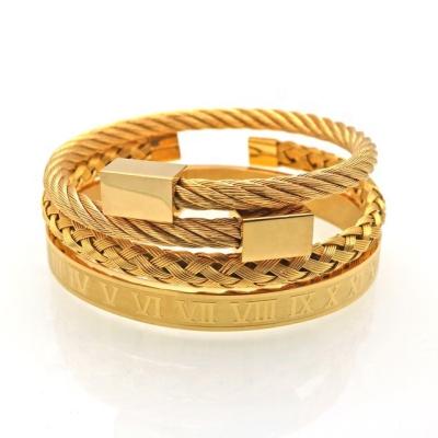 China FASHION Gold Plated Luxury Bracelet Set Fashion Roman Numeral Bangle + Ring Gilt Men Women Jewelry Open Braided Gold for sale