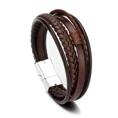 China OEM Pulsera De Cuero Fashion Trendy Stylish Ethnic Jewelry Bracelets Men Boy Men Boy Brown PU Classic Black Leather Bracelets for sale