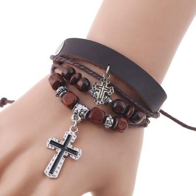 China OEM Pulsera De Cuero Fashion FASHIONABLE Stylish Ethnic Leather Strap Men Multilayer Cross PU for sale