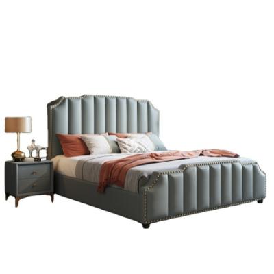 China Luxury King Size Bedroom Furniture Leather Upholstered Big Headboard Leather Bed Modern Design for sale