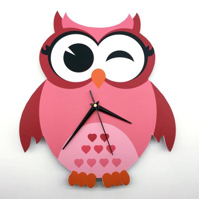 China Antique Style Pink 3D Owl Cartoon Clock Kids Wall Clocks For Living Room Decor Home DIY Wall Clock Gift For Kids Size:75x75cm for sale