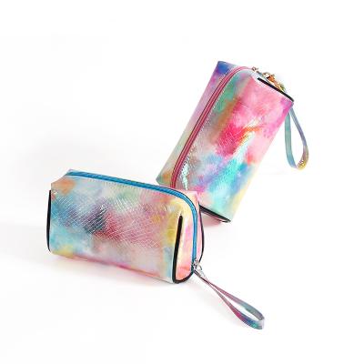 China Fashoion customized professional toiletery make up artist shimmer bags cosmetic laser pu tie dye makup bag for sale