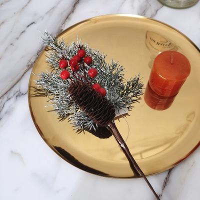 China Environmental protection green artificial flower 30CM for Christmas tree decoration red berries pick with pine cone for sale