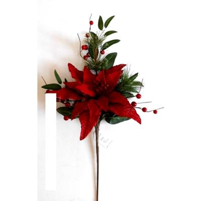 China New Style Burlap Christmas Burlap Artificial Poinsettia Flower with Red Berries and Natural Pineneedles for sale